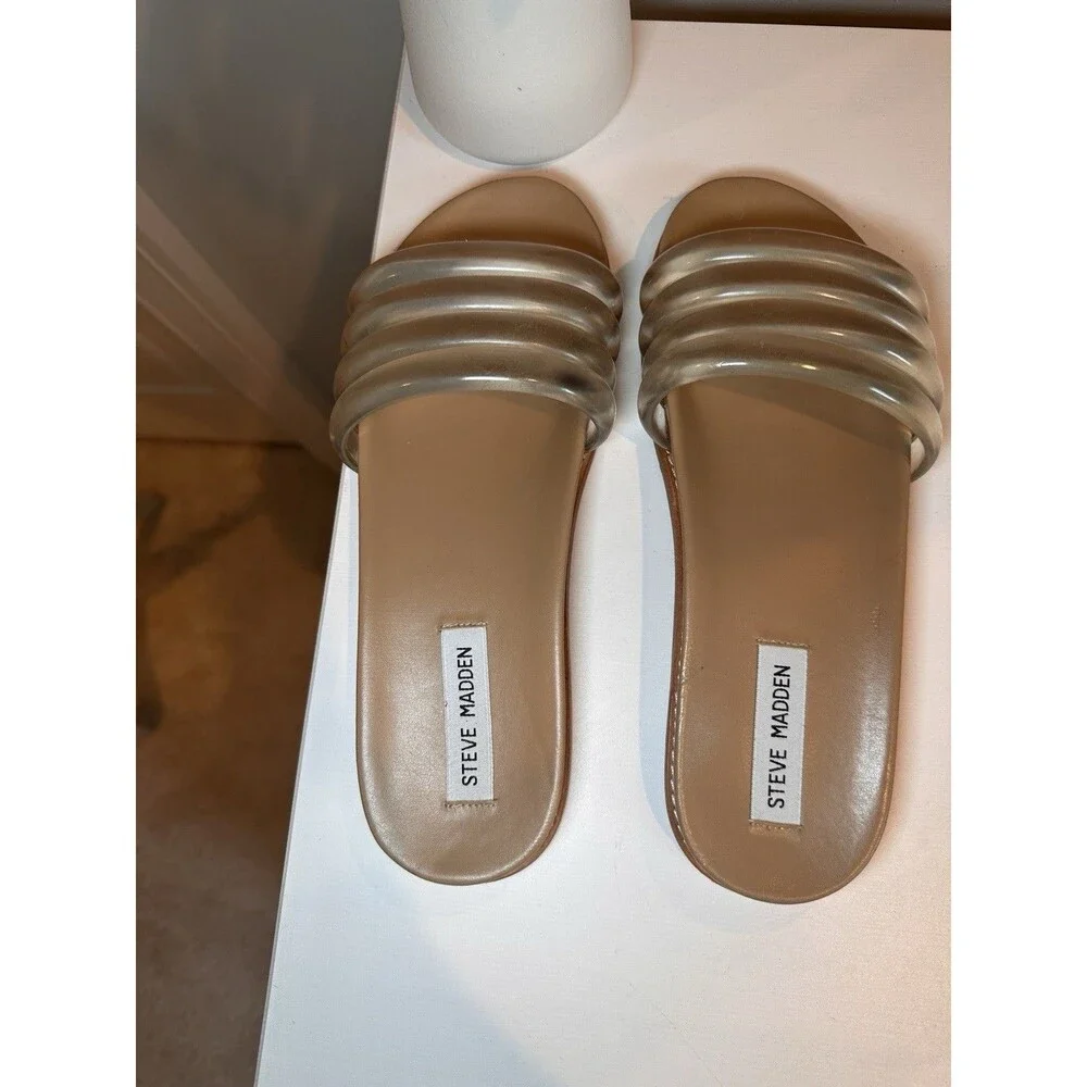 Steve Madden Clear Puffy Multi Strap Flat Slide Sandals Tan Nude Womens Size 7